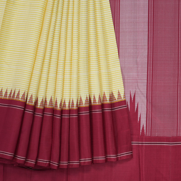 Hayagrivas Handloom Yellow & White Stripes Kanjivaram Silk Saree with Maroon Border KBE2179A9-3