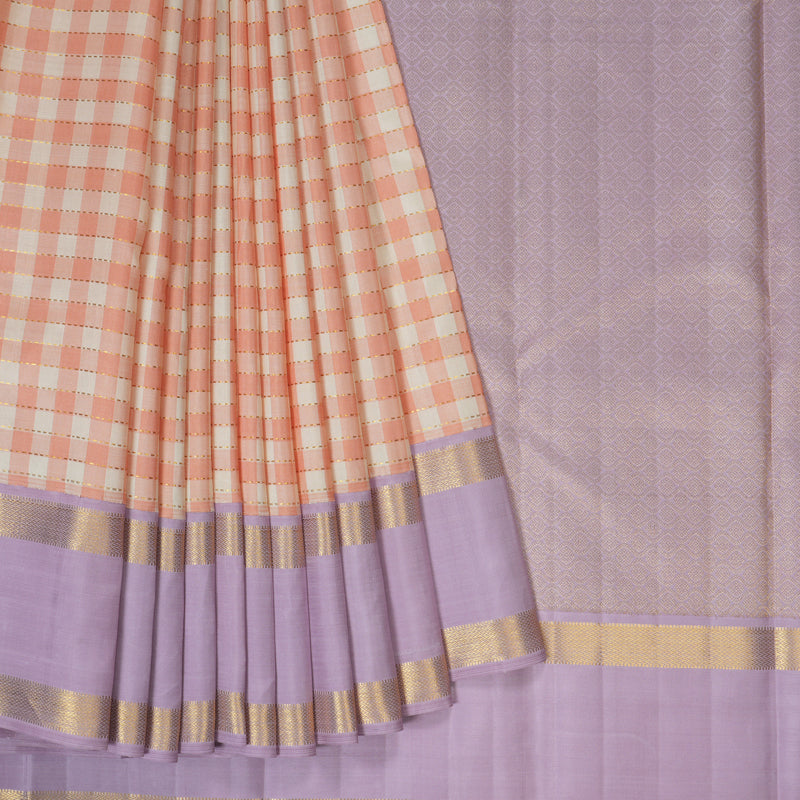 Hayagrivas Handloom Cream & Peach Checks Kanjivaram Silk Saree KBF155D3-1
