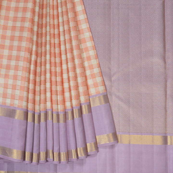 Hayagrivas Handloom Cream & Peach Checks Kanjivaram Silk Saree KBF155D3-1