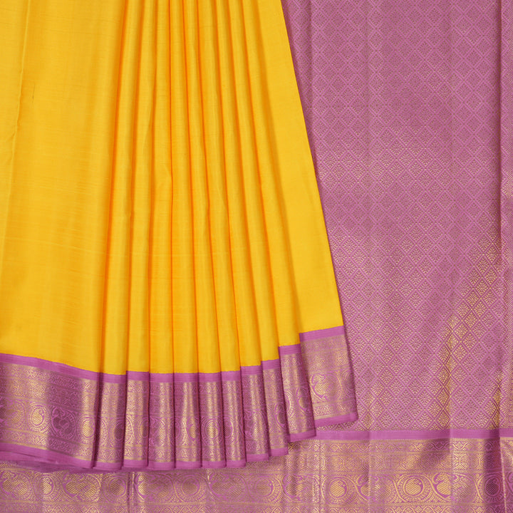 Hayagrivas Handloom Yellow Kanjivaram Silk Saree with Lotus Pink Border KBF39D2-2
