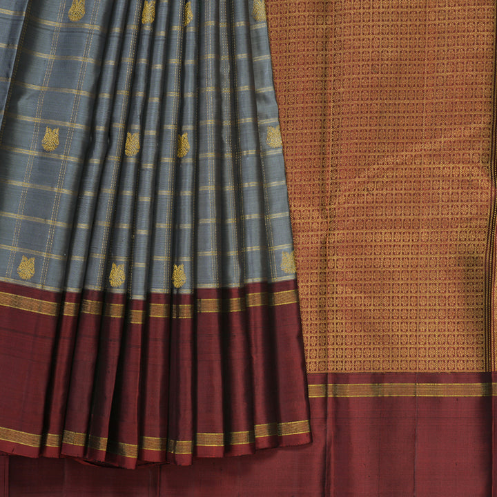 Hayagrivas Handloom Grey Kanjivaram Silk Saree with Rust Orange Border KBE2090A4-1