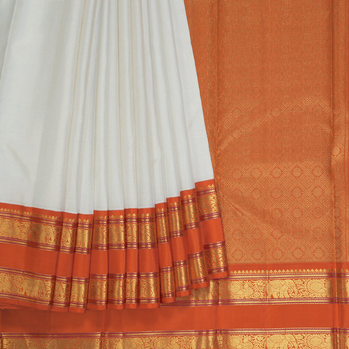 Hayagrivas Handloom Milk-White Kanjivaram Silk Saree with Orange Border KBE2519C14-1