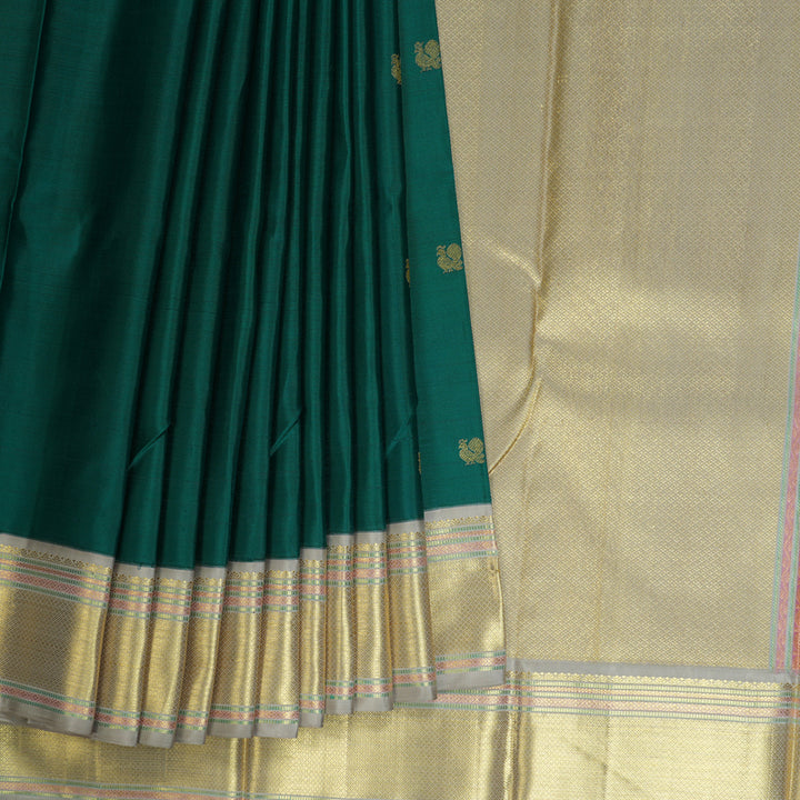 Hayagrivas Handloom Peacock Green Kanjivaram Silk Saree with Silver Grey border KBE1765K4-1