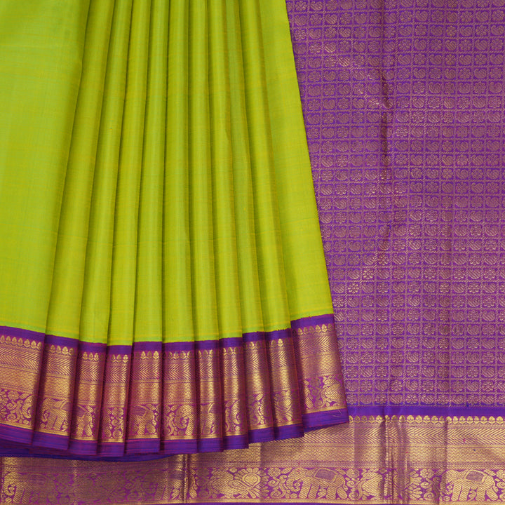 Hayagrivas Handloom Fluorescent Green Kanjivaram Silk Saree with Purple Border KBF295E4-2