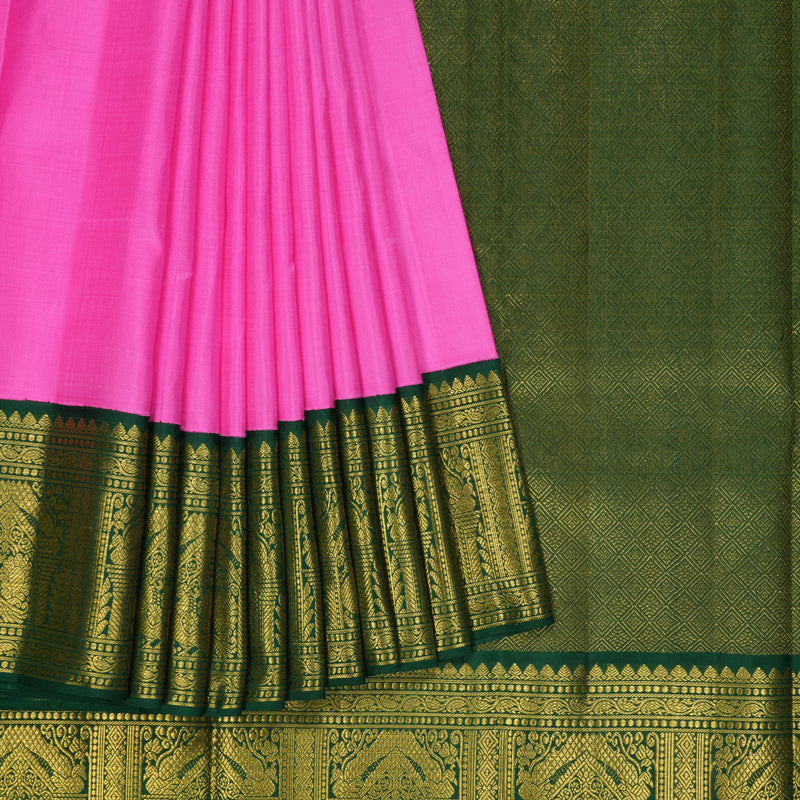 Hayagrivas Handloom Bright Pink Kanjivaram Silk Saree with Bottle Green Border KBF325E2-3