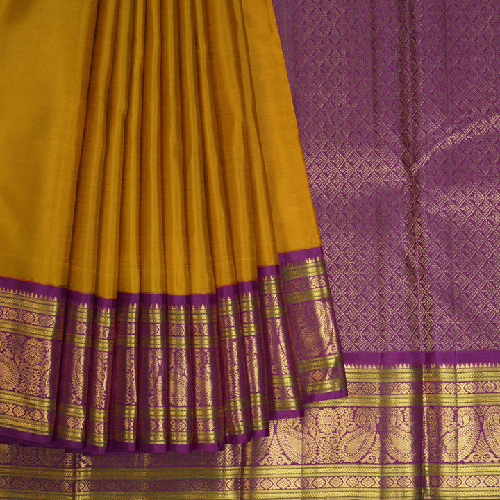 Hayagrivas Handloom Mustard Yellow Kanjivaram Silk Saree with Magenta Border KBE2535C12-1