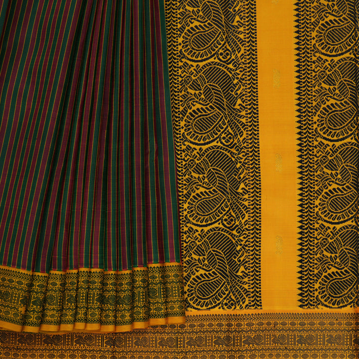 Hayagrivas Handloom Maroon & Bottle Green Stripes Kanjivaram Silk Saree with Mustard Border KBE2368B6-1