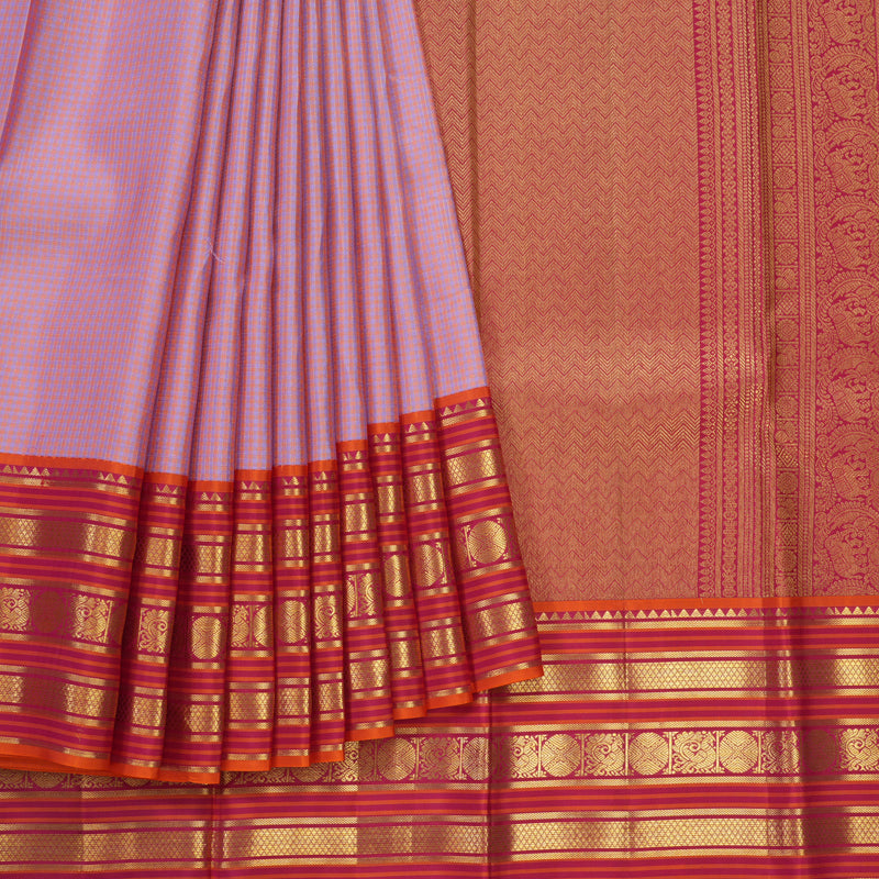 Hayagrivas Handloom Peach Pink & Lilac Checks Kanjivaram Silk Saree SSCBF23D12-4