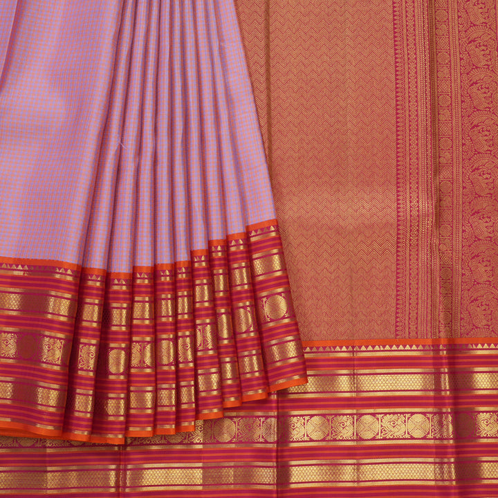 Hayagrivas Handloom Peach Pink & Lilac Checks Kanjivaram Silk Saree SSCBF23D12-4