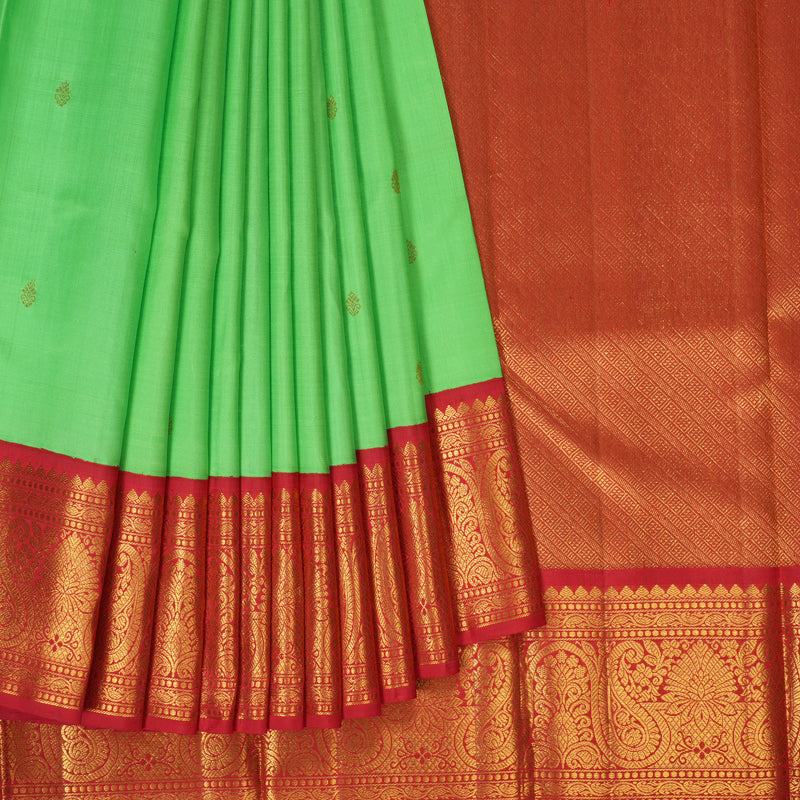 Hayagrivas Handloom Kanjivaram silk saree in Parrot green with red Korvai KBE38D1-1