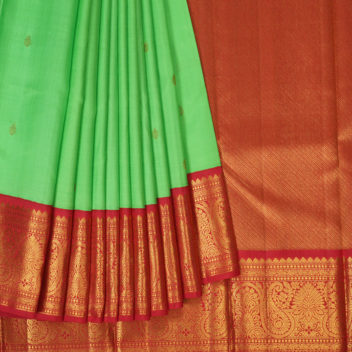 Hayagrivas Handloom Kanjivaram silk saree in Parrot green with red Korvai KBE38D1-1