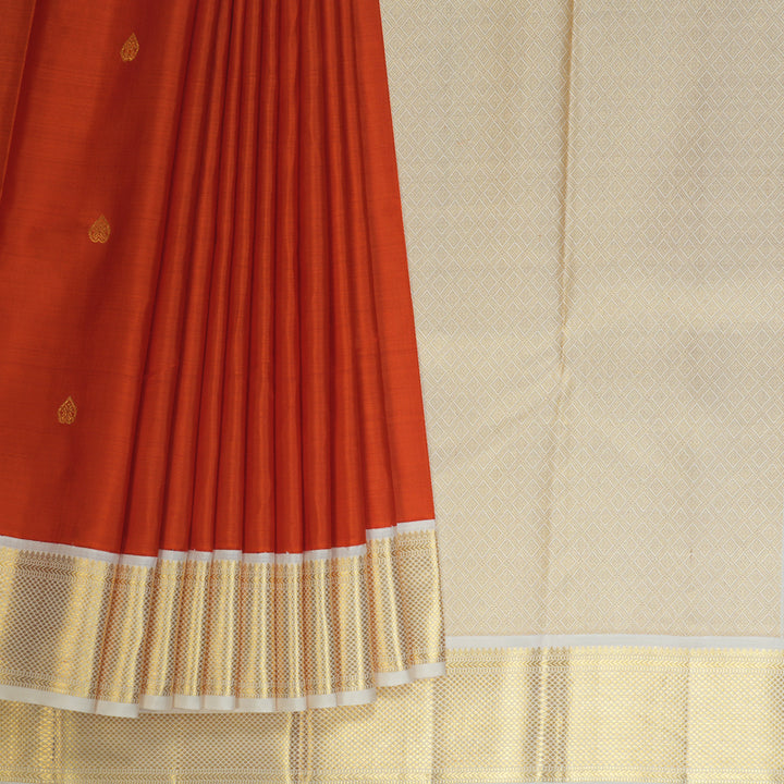 Hayagrivas Handloom Deep Orange Kanjivaram Silk Saree with Half White Border KBE1063I3-1