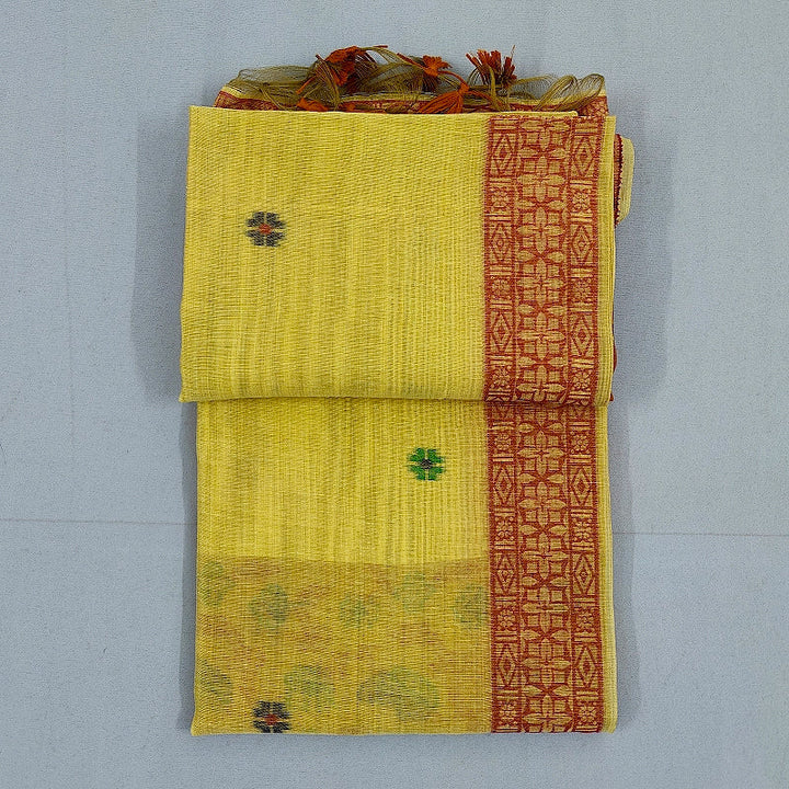 Hayagrivas Lemon-Yellow Fancy Cotton Saree KBE1877L1-1
