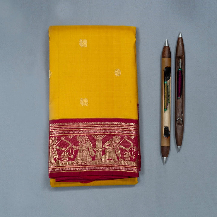 Hayagrivas Handloom Yellow Kanjivaram Silk Saree with Magenta Border KBF481F3-1