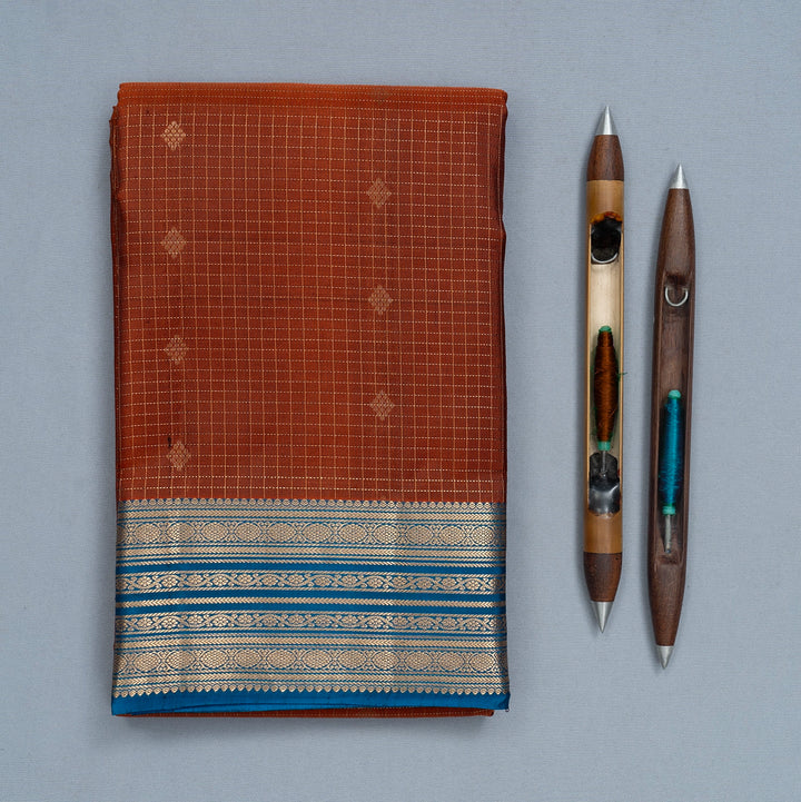 Hayagrivas Handloom Rust Orange Kanjivaram Silk Saree with Rama Blue Border KBF500F6-5