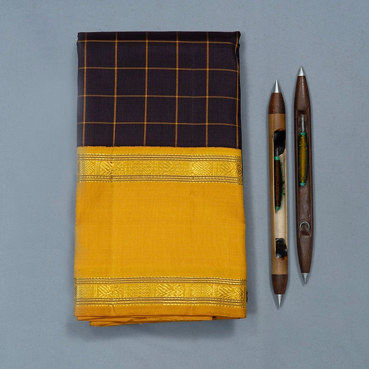 Hayagrivas Handloom Deep Purple Kanjivaram Silk Saree with Mustard Yellow Border KBF615G2-1