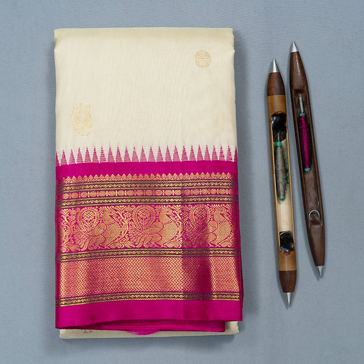Hayagrivas Handloom Half-White Kanjivaram Silk Saree with Pink Border KBF615G4-1
