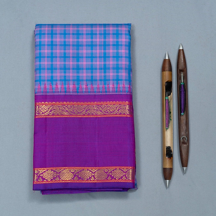 Hayagrivas Handloom Pink &amp; Blue Checks Kanjivaram Silk Saree with Purple Border KBF615G9-1