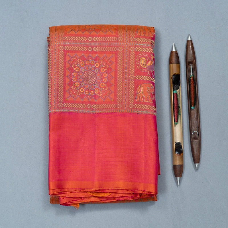 Hayagrivas Handloom Orangish-Pink Kanjivaram Silk Saree KBF670G3-1