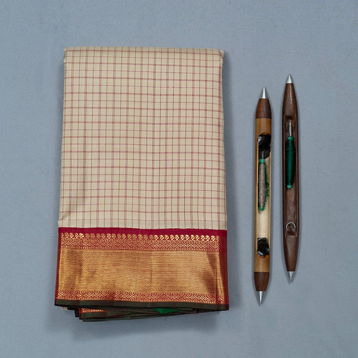 Hayagrivas Handloom Beige Kanjivaram Silk Saree with Araku Maroon Border KBF732G3-2