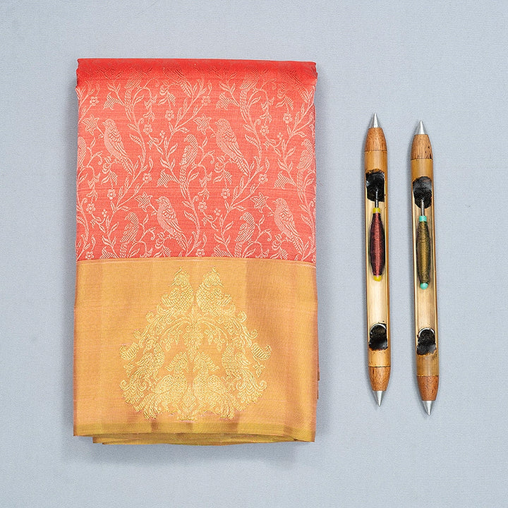 Hayagrivas Handloom Peach Pink Kanjivaram Silk Saree with Warm Olive Border KBFL388J1-1-BF388-SBS