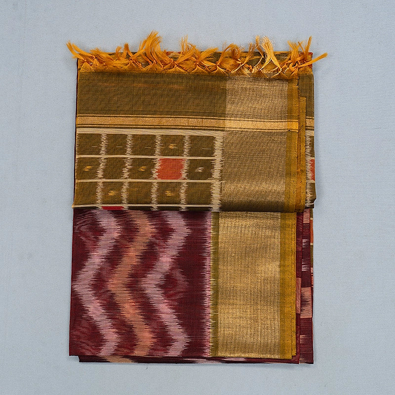 Hayagrivas Dark Marron Ikkat Kora Silk Cotton Saree SSCBF155H1-1