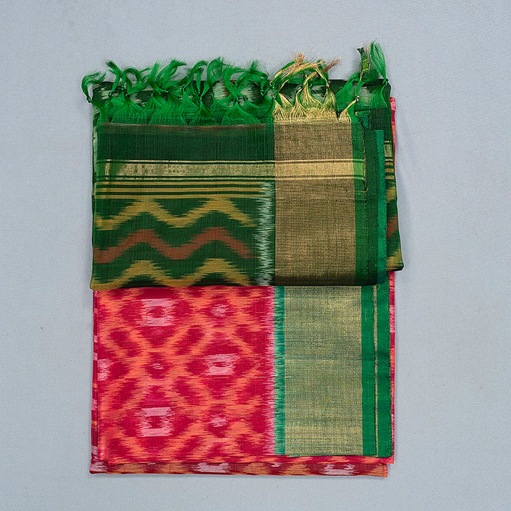 Hayagrivas Orangish-Pink Ikkat Kora Silk Cotton Saree SSCBF155H1-32