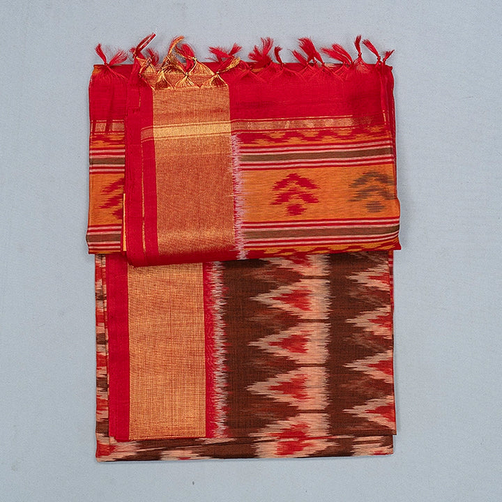 Hayagrivas Rust Brown Ikkat Kora Silk Cotton Saree SSCBF155H1-5