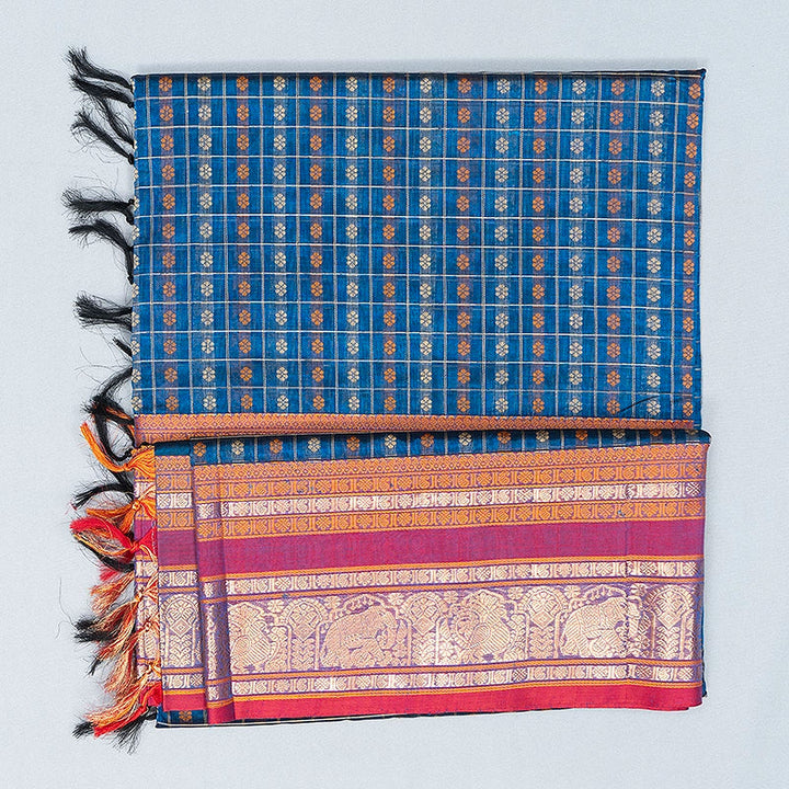 Hayagrivas Peacock Blue Kanchi Silk Cotton Saree SSCBF179I12-2
