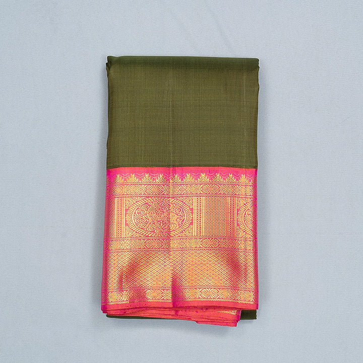 Hayagrivas Handloom Mehandi Green Kanjivaram Silk Saree with Orangish-Pink Border SSCBF189J2-1