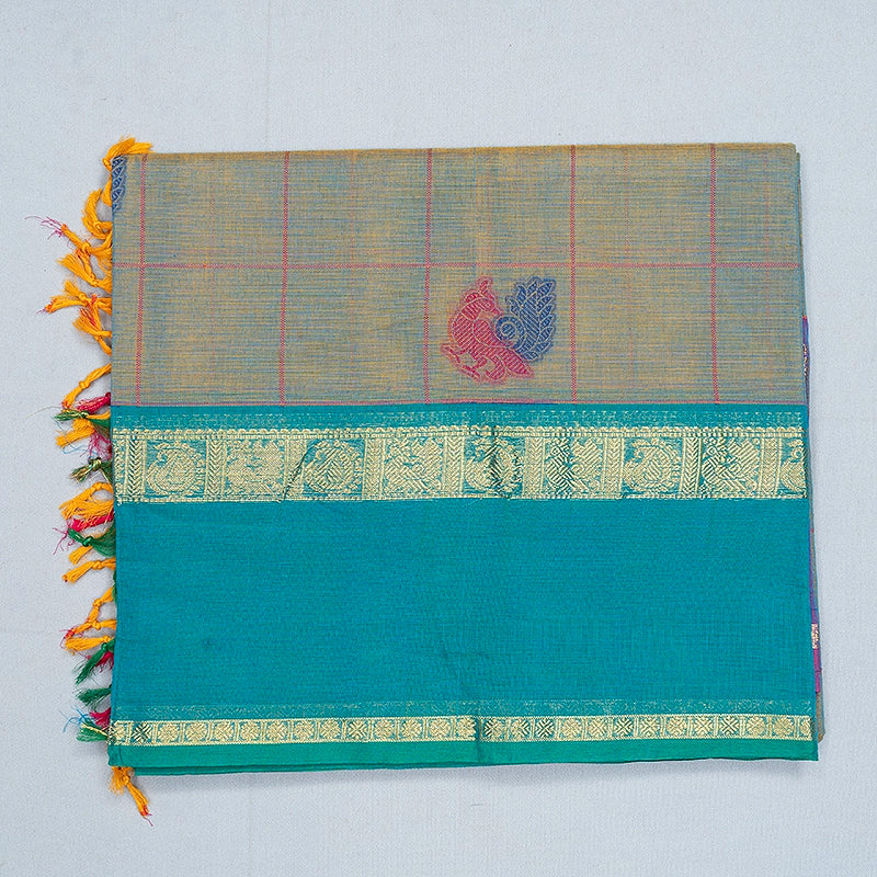 Hayagrivas Brown-Blue Dual Tone Handloom Chettinad Cotton Saree SSSBF131H4-2