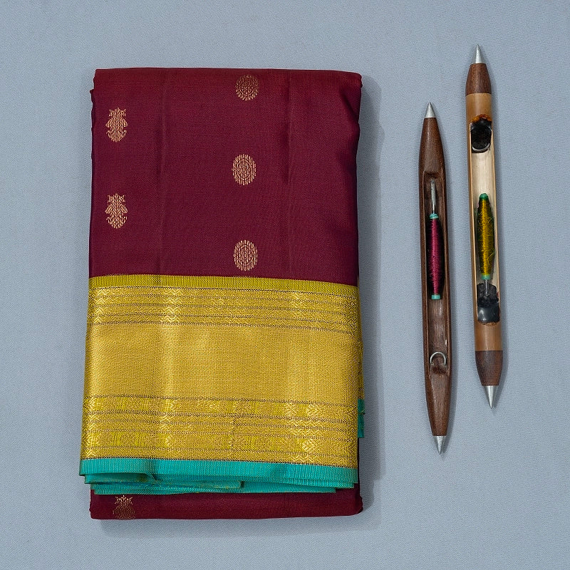 Hayagrivas Handloom Wine Maroon Kanjivaram Silk Saree with Lime Green Border KBF695G7-7