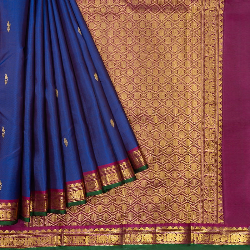 Hayagrivas Handloom Purplish-Blue Kanjivaram Silk Saree with Wine Purple Border KBE1713K2-2