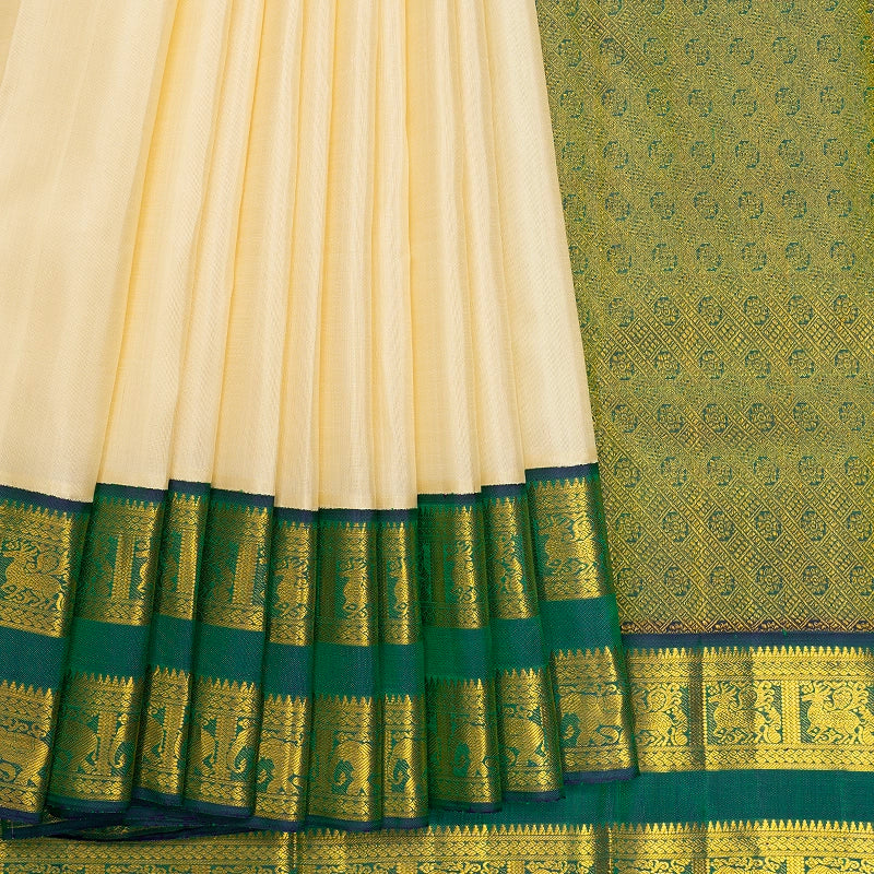 Hayagrivas Handloom Half-White Kanjivaram Silk Saree with Peacock Green Border KBF473F2-2