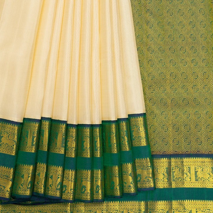 Hayagrivas Handloom Half-White Kanjivaram Silk Saree with Peacock Green Border KBF473F2-2