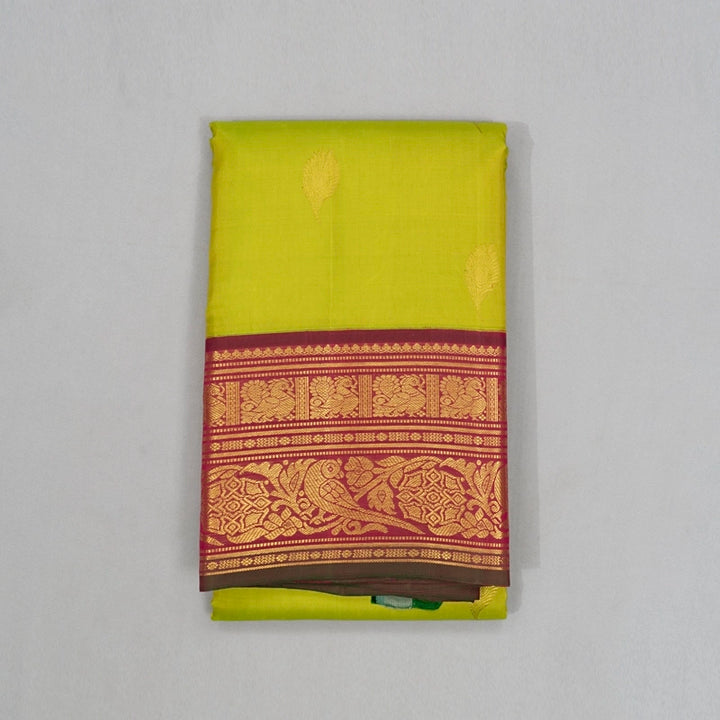 Hayagrivas Handloom Fluorescent Green Kanjivaram Silk Saree with Burgundy Border KBF411F27-1