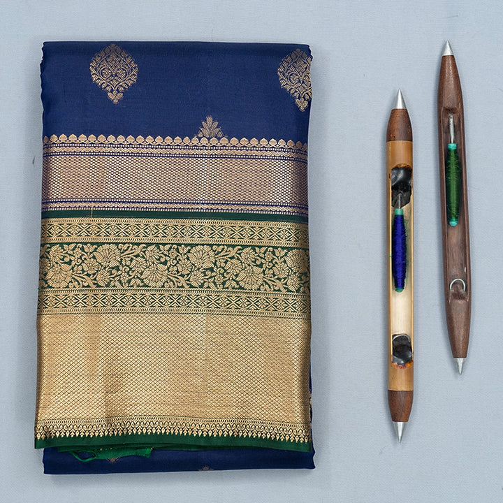Hayagrivas Handloom Navy Blue Kanjivaram Silk Saree with Bottle Green Border KBF695G11-5