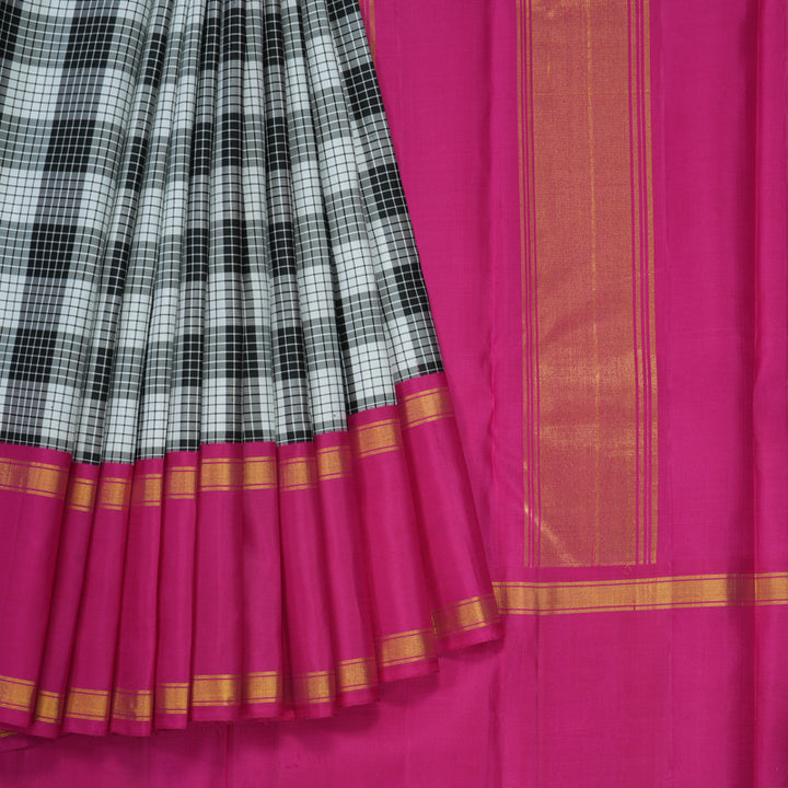 Hayagrivas Handloom Black & White Checks Kanjivaram Silk Saree with Magenta Border KBE1378J3-1