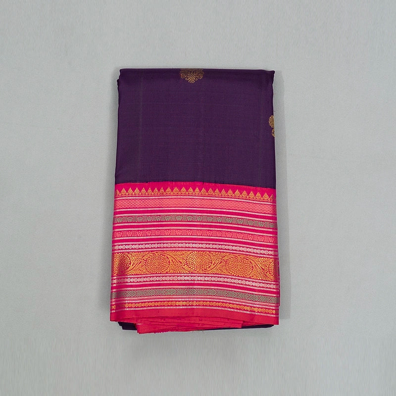 Hayagrivas Handloom Brinjal Purple Kanjivaram Silk Saree with Pink Border KBE1818L6-1