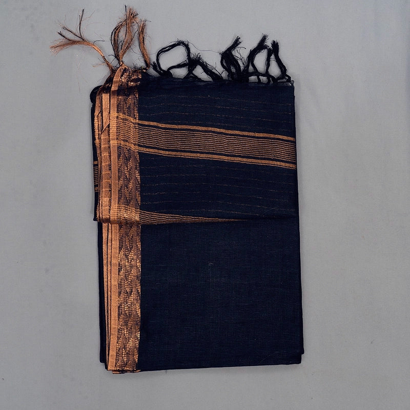 Hayagrivas Navy Blue Handloom Linen Saree KSBE147C2-4
