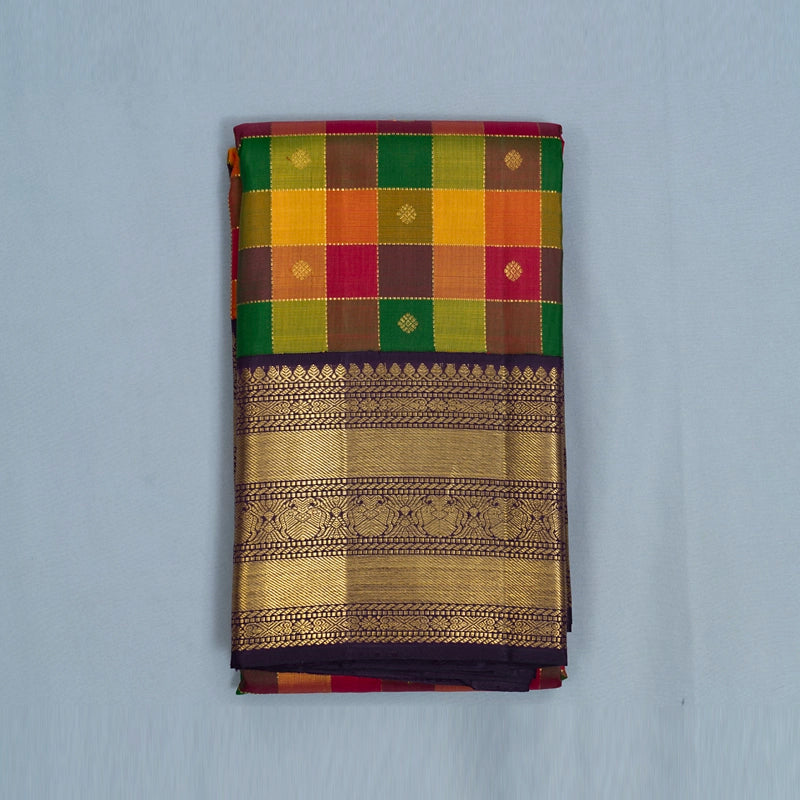 Hayagrivas Handloom Multicolour Checks Kanjivaram Silk Saree with Nagapazham Border KBF251E2-1