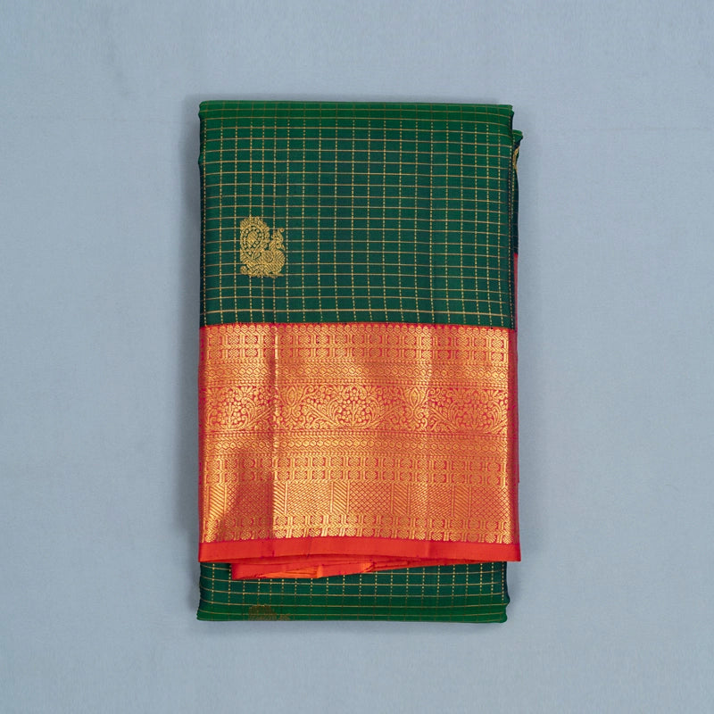 Hayagrivas Handloom Bottle Green Kanjivaram Silk Saree with Orangish-Pink Border KBF433F16-1