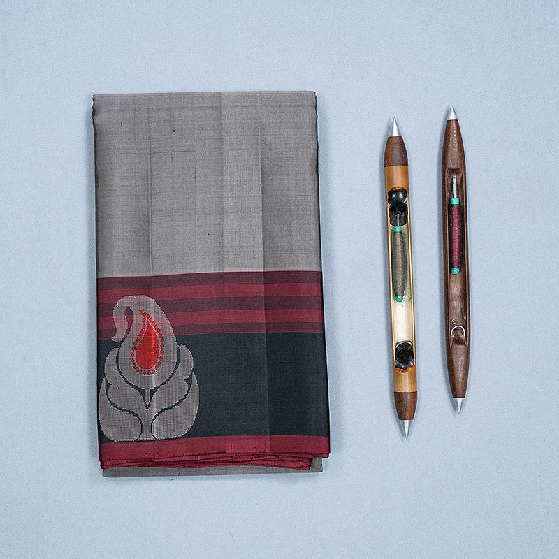 Hayagrivas Handloom Grey Kanjivaram Silk Saree with Black Border KBF224E3-1