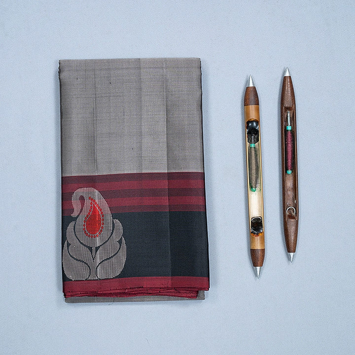 Hayagrivas Handloom Grey Kanjivaram Silk Saree with Black Border KBF224E3-1