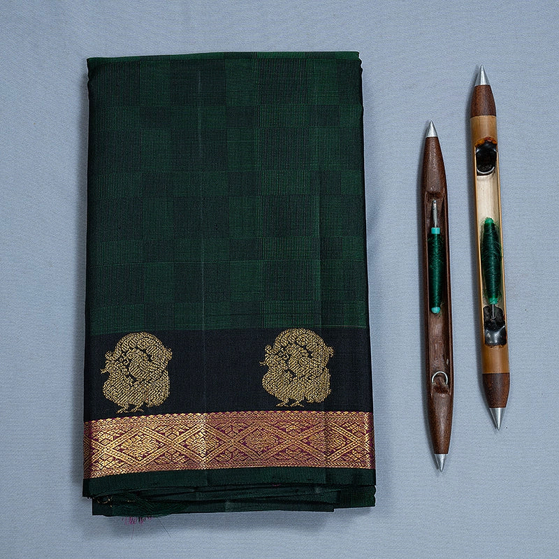 Hayagrivas Handloom Bottle Green &amp; Black (Carpet Checks) Kanjivaram Silk Saree KBF358F3-1