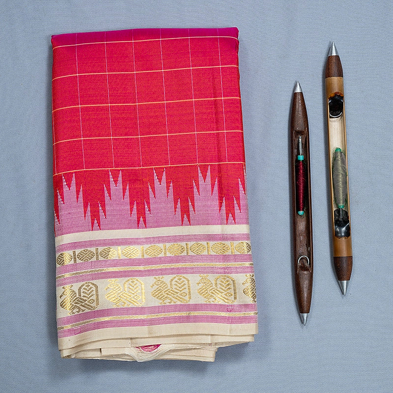 Hayagrivas Handloom Pink Kanjivaram Silk Saree with Half-White Border KBF358F5-1