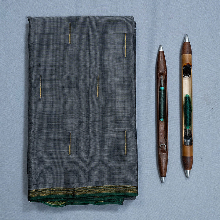 Hayagrivas Handloom Grey Kanjivaram Silk Saree with Bottle Green Selvedge Border KBF420F8-1