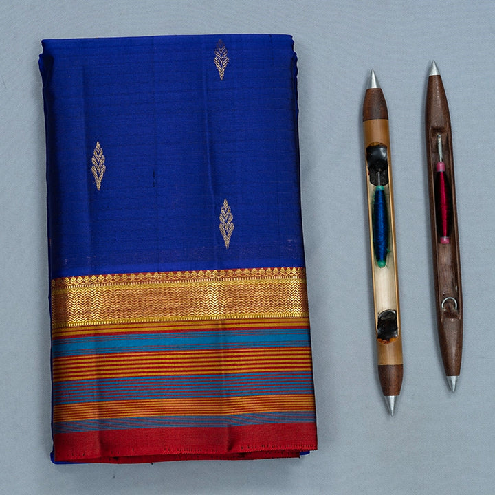 Hayagrivas Handloom Purplish-Blue Kanjivaram Silk Saree with Rust Orange Border KBF467F3-4