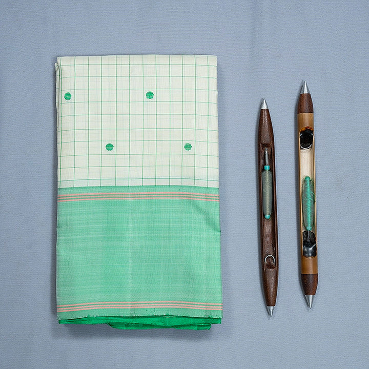 Hayagrivas Handloom Half-White Kanjivaram Silk Saree with Light Green Border KBF479F4-1