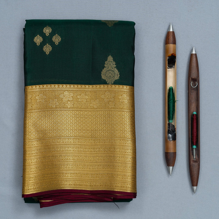 Hayagrivas Handloom Bottle Green Kanjivaram Silk Saree with Mustard Border KBF511F3-7